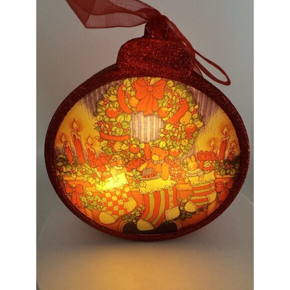 Set of 2 Illuminated Christmas Tree Ornaments Red Circle Santa & Stockings 4.25” - Picture 3 of 11